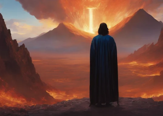 Dark-haired man in a long dark cloak gazes at an erupting volcano, his face not visible. The landscape features mountains, rocky outcrops, and glowing lava.