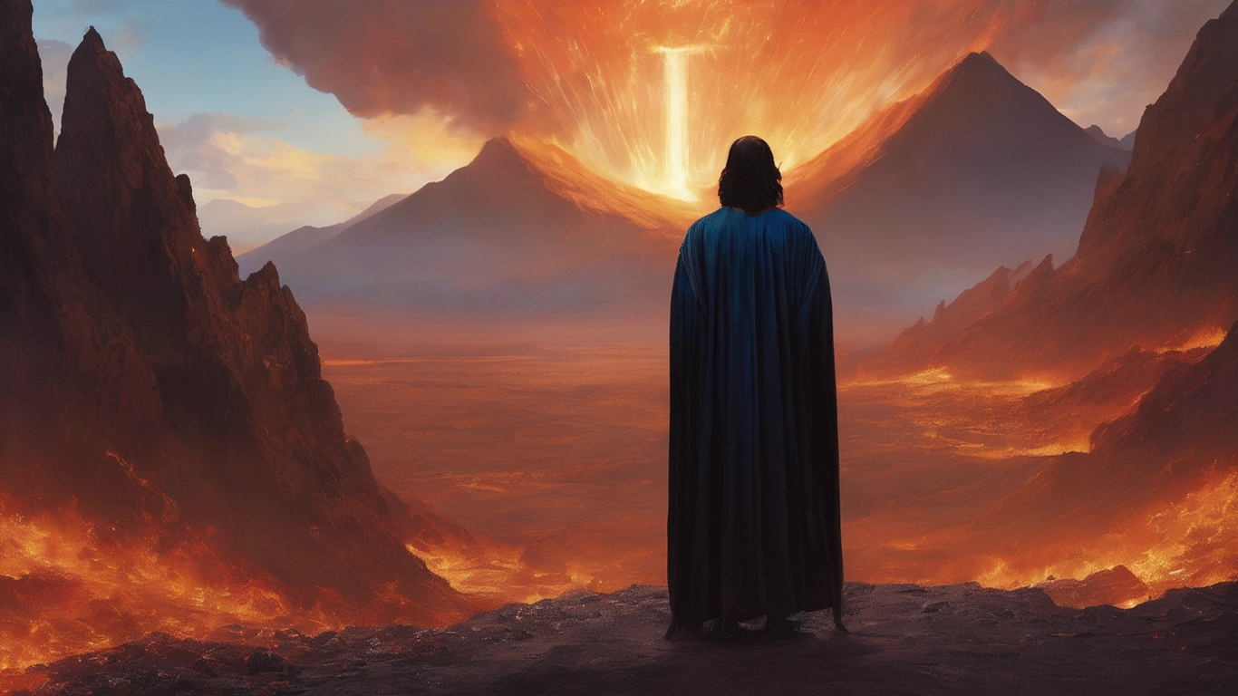 Dark-haired man in a long dark cloak gazes at an erupting volcano, his face not visible. The landscape features mountains, rocky outcrops, and glowing lava.