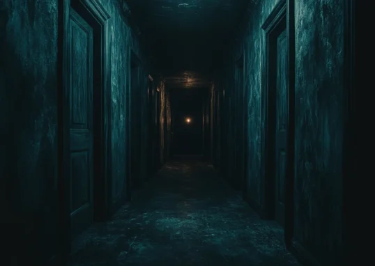 A long dark corridor with doors and a dim candlelight at the end.