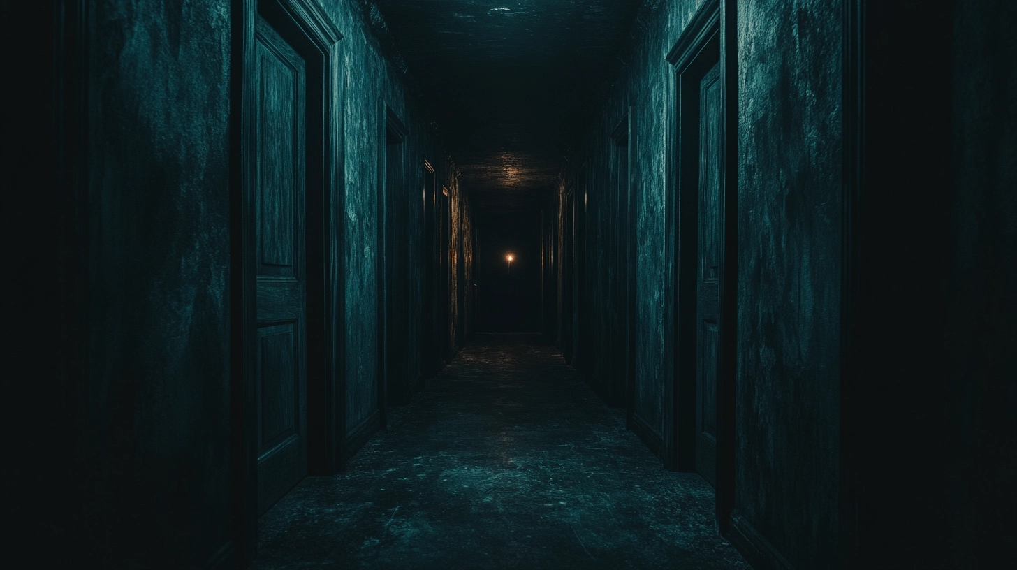 A long dark corridor with doors and a dim candlelight at the end.