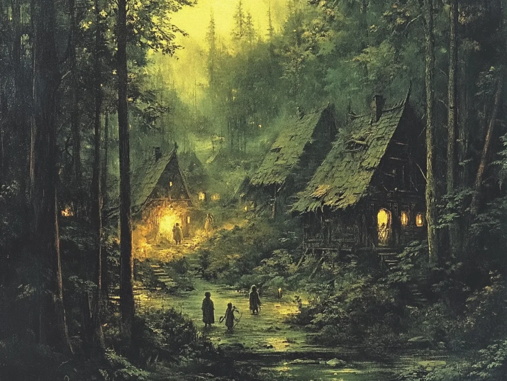 Elven village deep in the forest at dusk with silhouettes of children between huts lit by glowing homes.