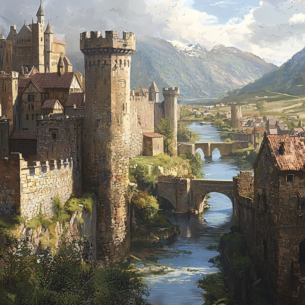 A medieval city with stone fortifications on the riverbank, featuring walls and towers on the left, and homesteads on the right. Mountains and a blue sky with white clouds are in the background.