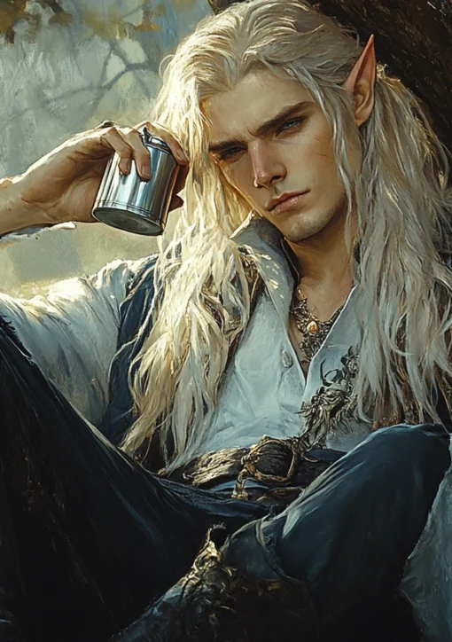 Elven sorcerer Jordan from the prologue to the Inscrutable Ways of Fate by Nathaniel Wonderful and Raine Stonewall. Created with AI in painting style. A blonde elf in a white shirt and blue cloak sits under a tree's shadow, holding a silver flask, visibly drunk.