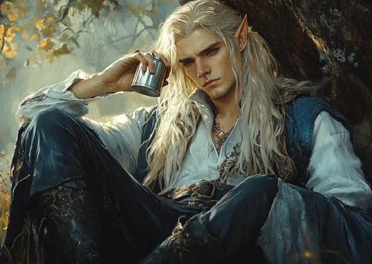 Elven sorcerer Jordan from the prologue to the Inscrutable Ways of Fate by Nathaniel Wonderful and Raine Stonewall. Created with AI in painting style. A blonde elf in a white shirt and blue cloak sits under a tree's shadow, holding a silver flask, visibly drunk.