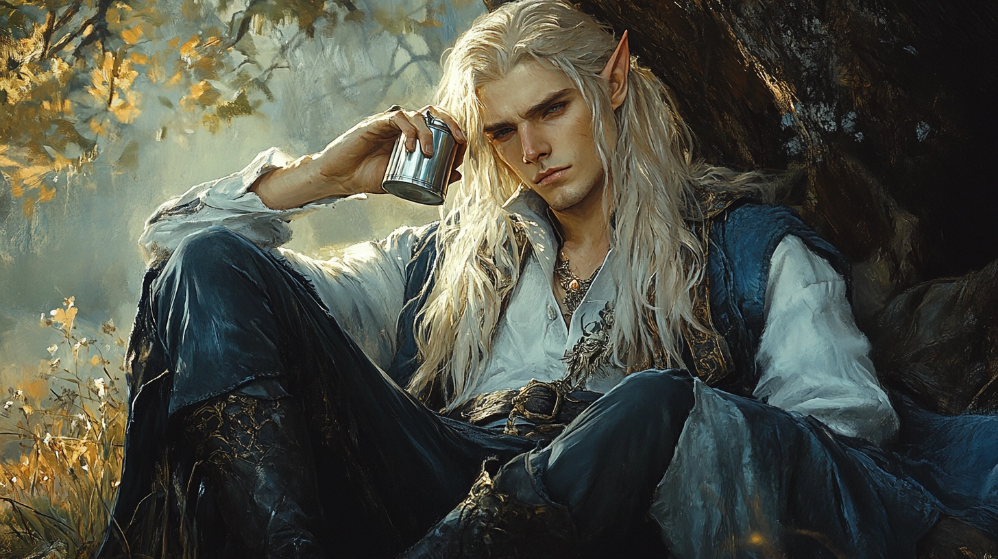 Elven sorcerer Jordan from the prologue to the Inscrutable Ways of Fate by Nathaniel Wonderful and Raine Stonewall. Created with AI in painting style. A blonde elf in a white shirt and blue cloak sits under a tree's shadow, holding a silver flask, visibly drunk.