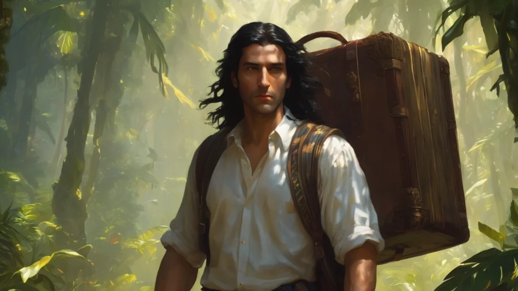 Man with long dark hair in a white shirt standing in the jungle with a large suitcase on his back