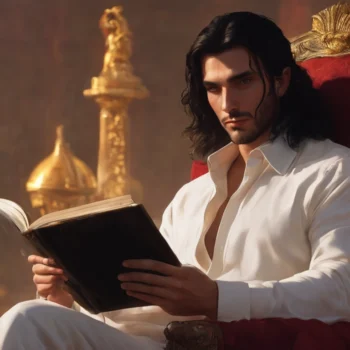 Man with long dark hair in a white shirt sits in red chair, reading book,