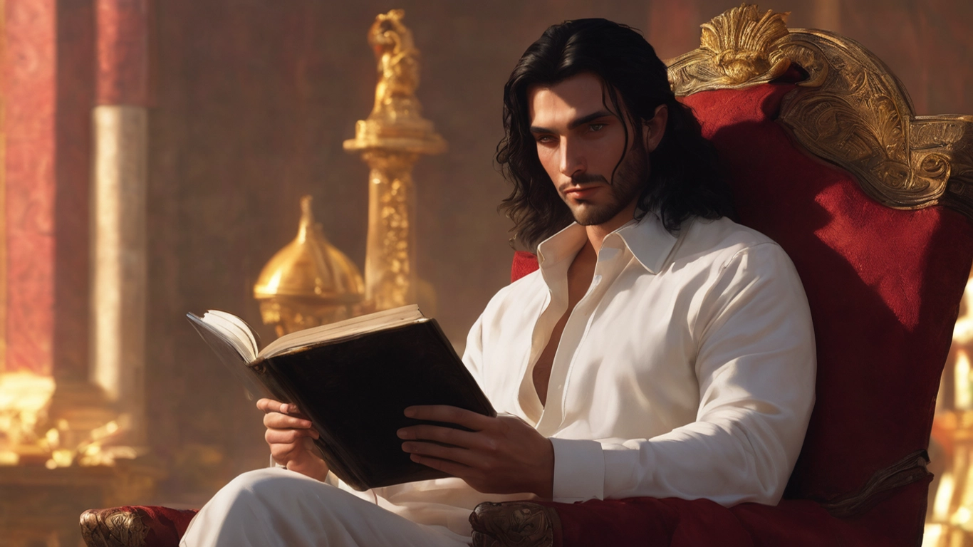 Man with long dark hair in a white shirt sits in red chair, reading book,