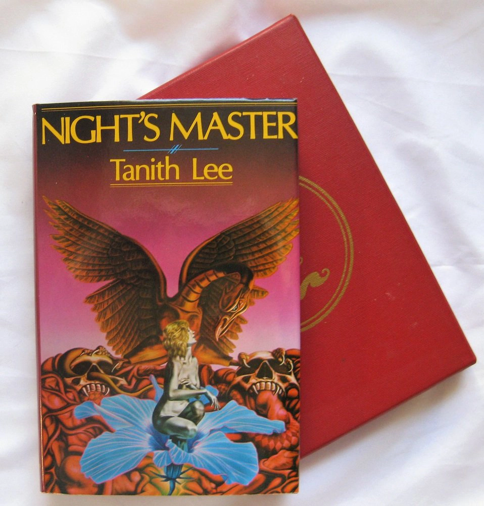 Cover of Night’s Master by Tanith Lee, 1986 Highland Pubns edition, featuring a red book jacket with an illustration of a blonde woman in a blue flower, overshadowed by a mechanical eagle, with skulls surrounding the scene.