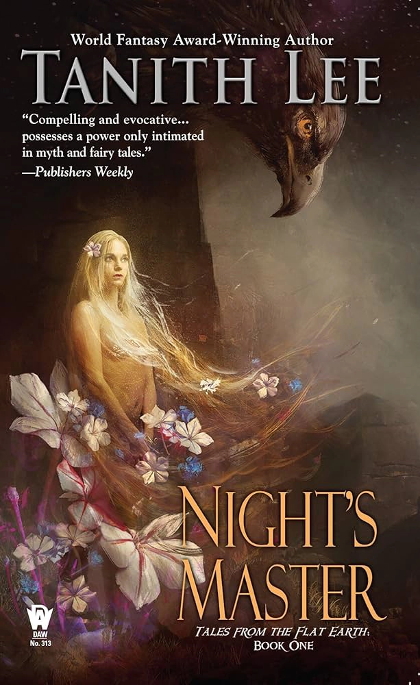 Cover of Night’s Master by Tanith Lee, 2016 DAW edition, featuring a blonde woman in a floral bush with a large brown eagle.