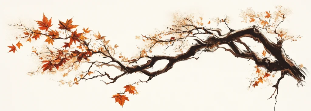 Drawing of a tree branch with vibrant orange maple leaves on a cream background, growing from right to left.