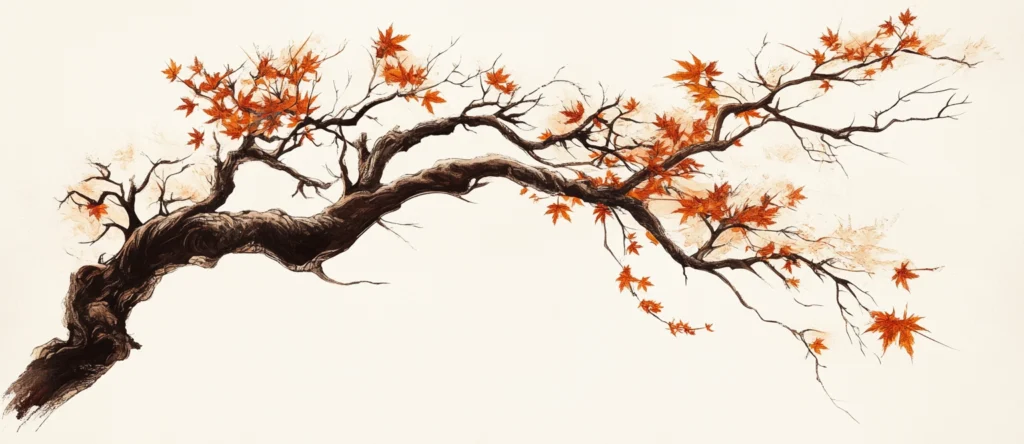 Drawing of a tree branch with vibrant orange maple leaves on a cream background, growing from left to right.