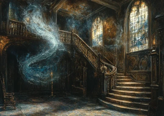 View of an old manor's hall with a spiral staircase and large stained-glass windows, marble-like mosaic floor, and blue-white spectral smoke rising up the stairs.