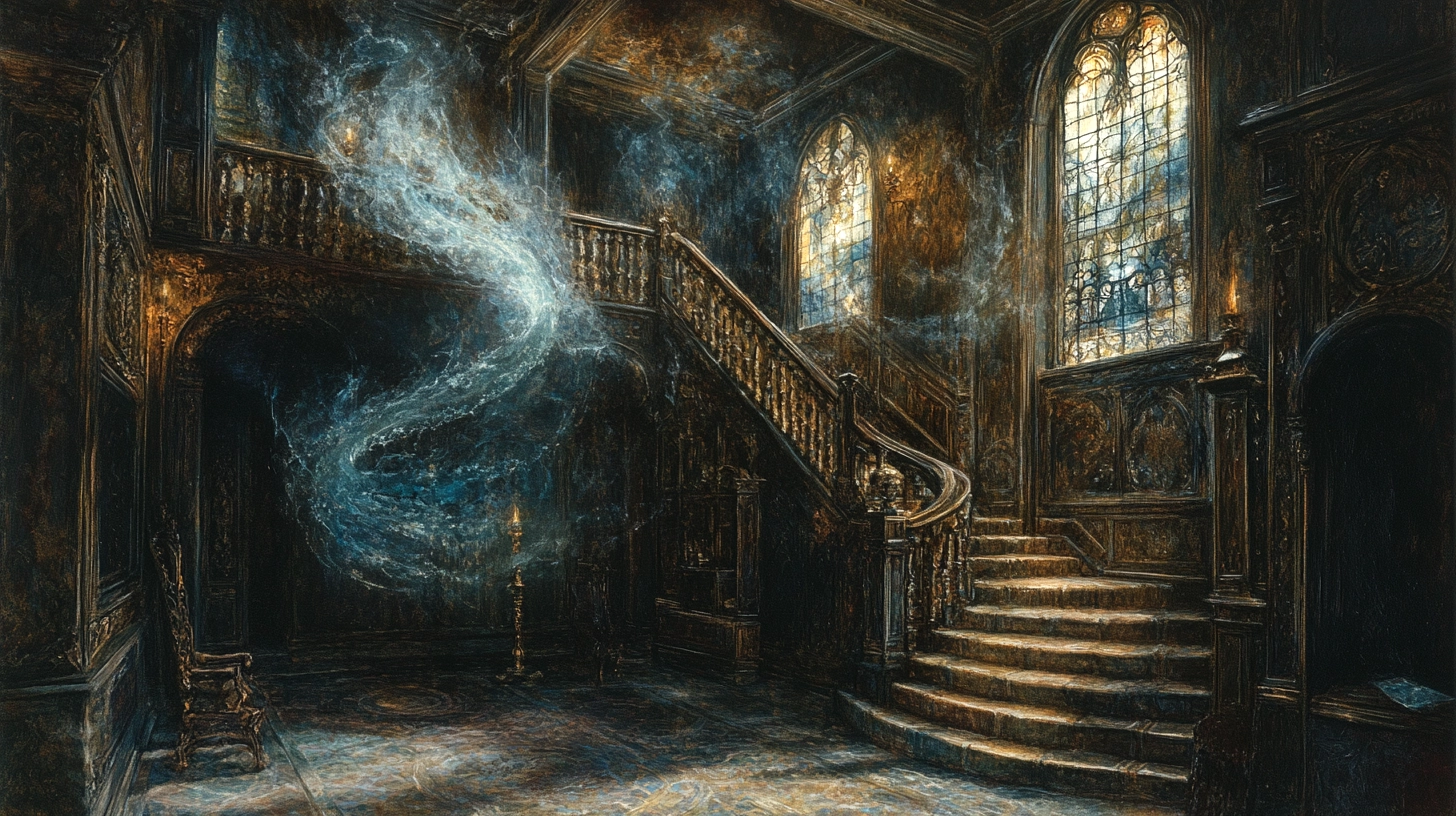 View of an old manor's hall with a spiral staircase and large stained-glass windows, marble-like mosaic floor, and blue-white spectral smoke rising up the stairs.