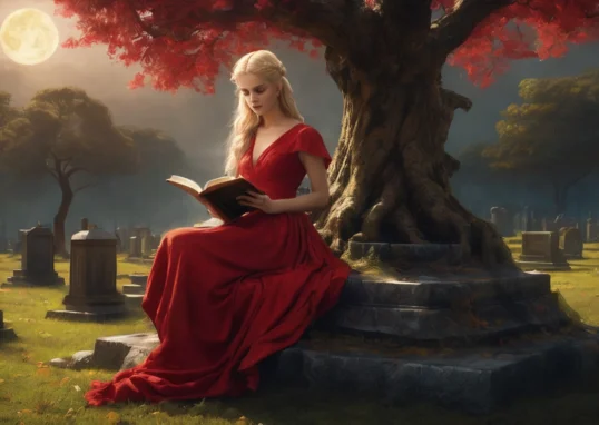 Blonde woman dressed in red at a graveyard.