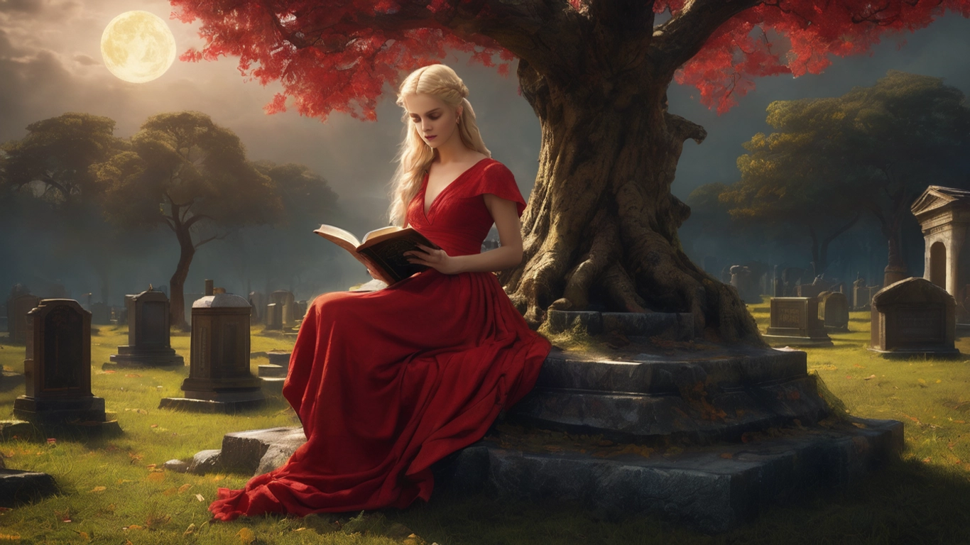 Blonde woman dressed in red at a graveyard.