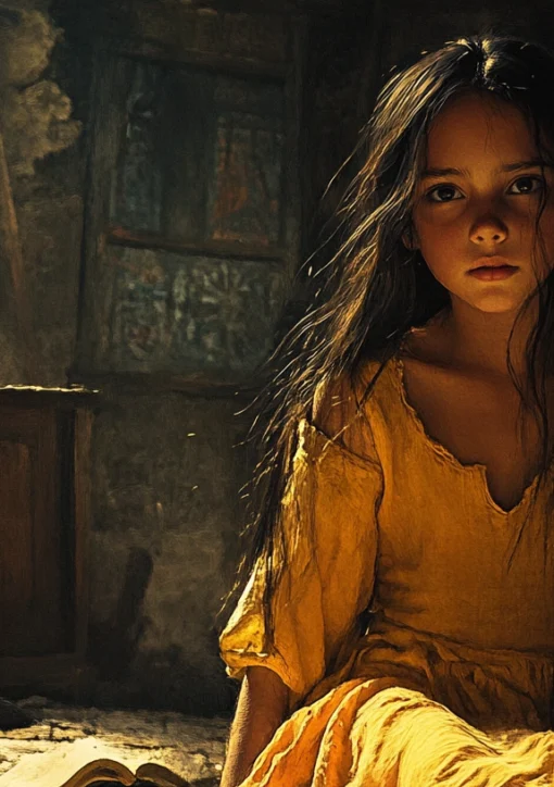 Eiri, a 10-year-old dark-skinned girl with dark hair, wearing yellow clothes, sitting in a simple medieval home with a window and furniture in the background.