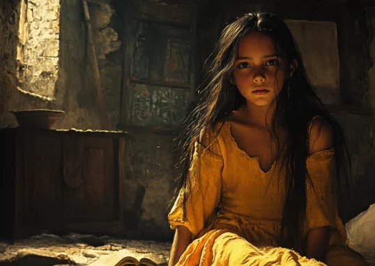 Eiri, a 10-year-old dark-skinned girl with dark hair, wearing yellow clothes, sitting in a simple medieval home with a window and furniture in the background.