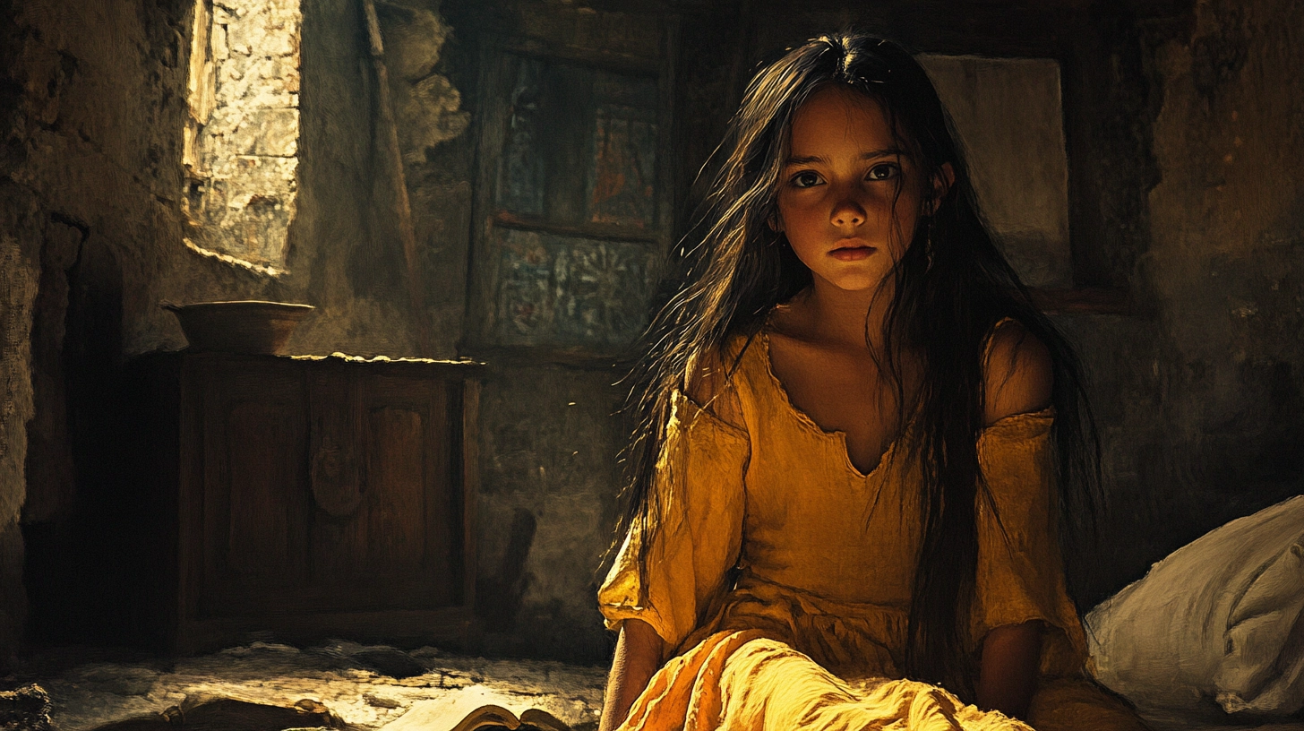 Eiri, a 10-year-old dark-skinned girl with dark hair, wearing yellow clothes, sitting in a simple medieval home with a window and furniture in the background.