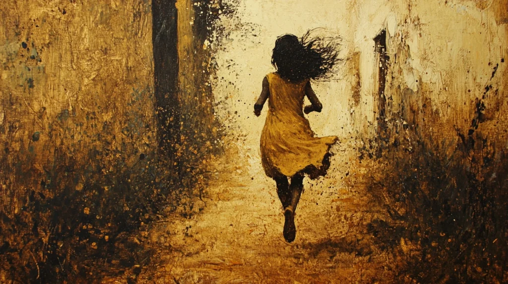 Eiri, a dark-haired, dark-skinned girl, running down a street, viewed from behind. The painting is in yellow and brown tones.