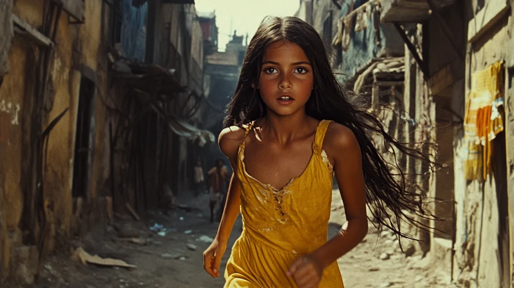 Eiri, a dark-haired, dark-skinned girl in simple yellow clothes, running through a slum-like street. The scene resembles an 80s film style.