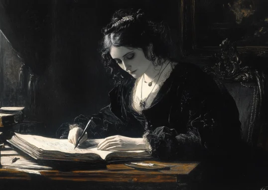 A dark-haired woman with pale skin in a black dress sits at a writing desk, composing a book in a somber 19th-century room. AI-generated image inspired by a painting of Mary Shelley.