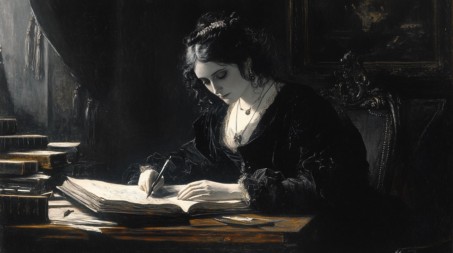 A dark-haired woman with pale skin in a black dress sits at a writing desk, composing a book in a somber 19th-century room. AI-generated image inspired by a painting of Mary Shelley.