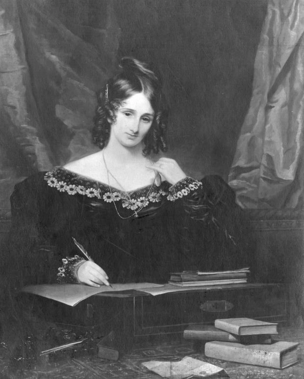 Black-and-white photograph of an 1831 painting by Samuel John Stump, titled Unknown Woman, Formerly Known as Mary Shelley.