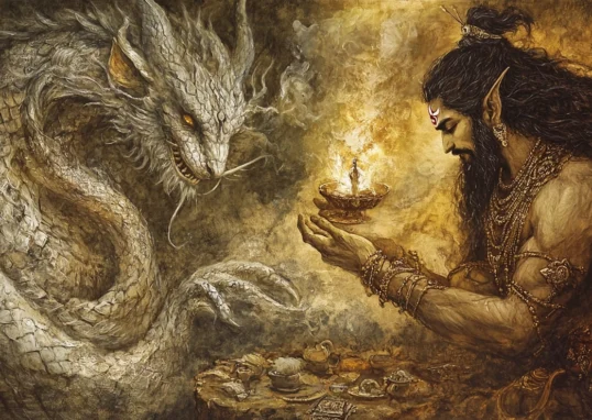 AI-generated illustration for a Dungeons and Dragons session by authors Nathaniel Wonderful and Raine Stonewall. On a golden background, a white Chinese dragon appears on the left, while on the right, a dark-haired, bearded man with elven ears, resembling the Indian deity Shiva, stands.