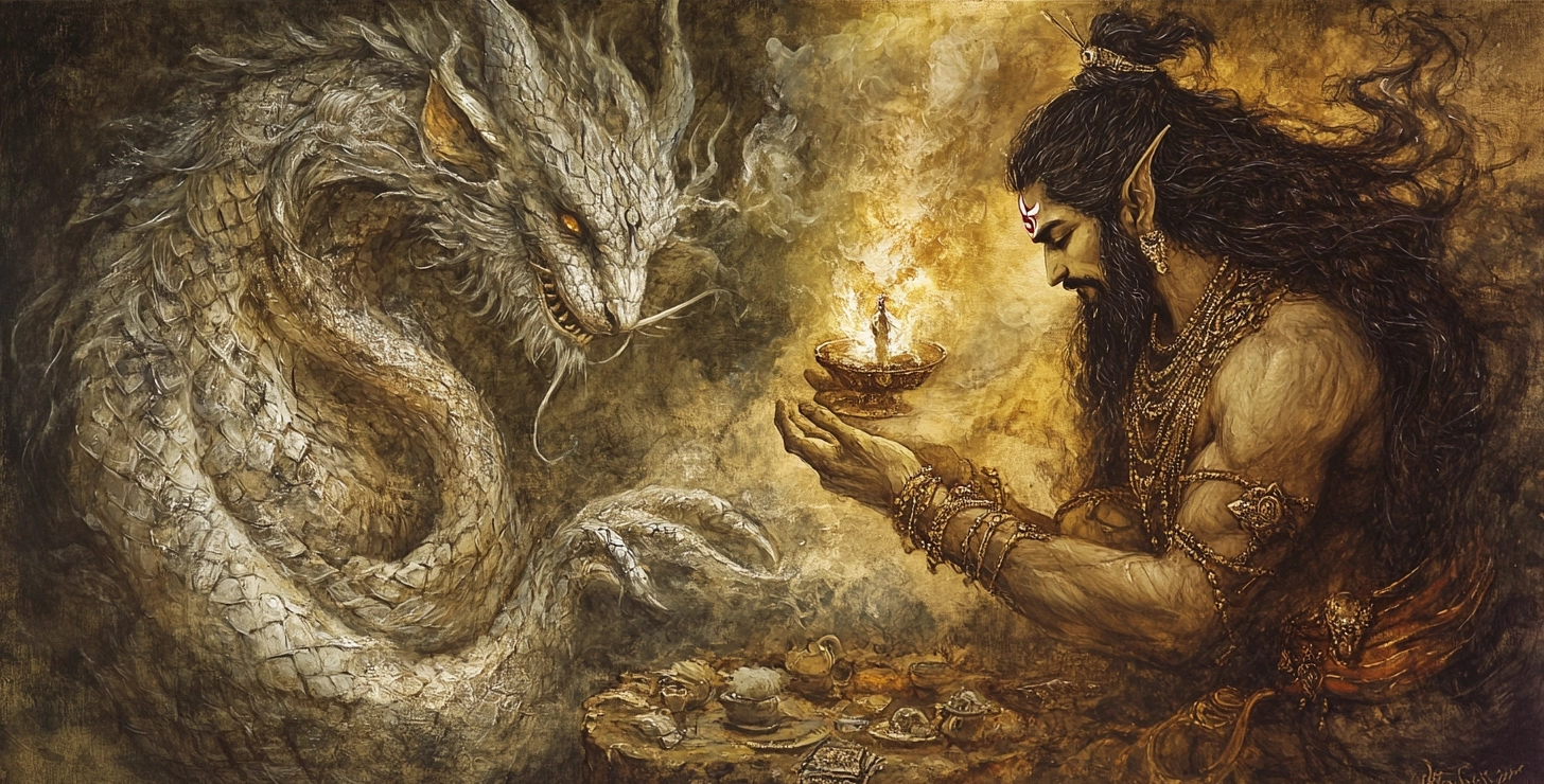 AI-generated illustration for a Dungeons and Dragons session by authors Nathaniel Wonderful and Raine Stonewall. On a golden background, a white Chinese dragon appears on the left, while on the right, a dark-haired, bearded man with elven ears, resembling the Indian deity Shiva, stands.