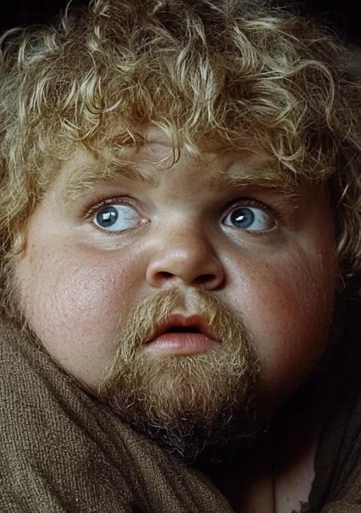 AI-generated image of a plump, curly-haired boy with a beard, aged nine, named Pepin from the fantasy book series Inscrutable Ways of Fate by Nathaniel Wonderful and Raine Stonewall. A basket of baked goods is visible in the background.