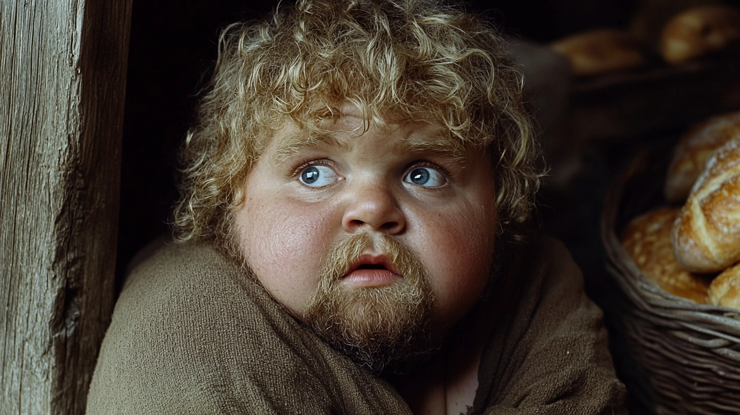 AI-generated image of a plump, curly-haired boy with a beard, aged nine, named Pepin from the fantasy book series Inscrutable Ways of Fate by Nathaniel Wonderful and Raine Stonewall. A basket of baked goods is visible in the background.