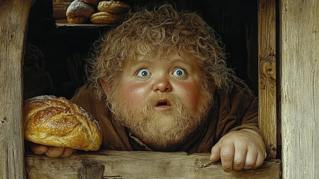 AI-generated digital drawing of a plump, curly-haired boy with a beard, aged nine, named Pepin from the fantasy book series Inscrutable Ways of Fate by Nathaniel Wonderful and Raine Stonewall. He has wide eyes and is holding a loaf of bread.